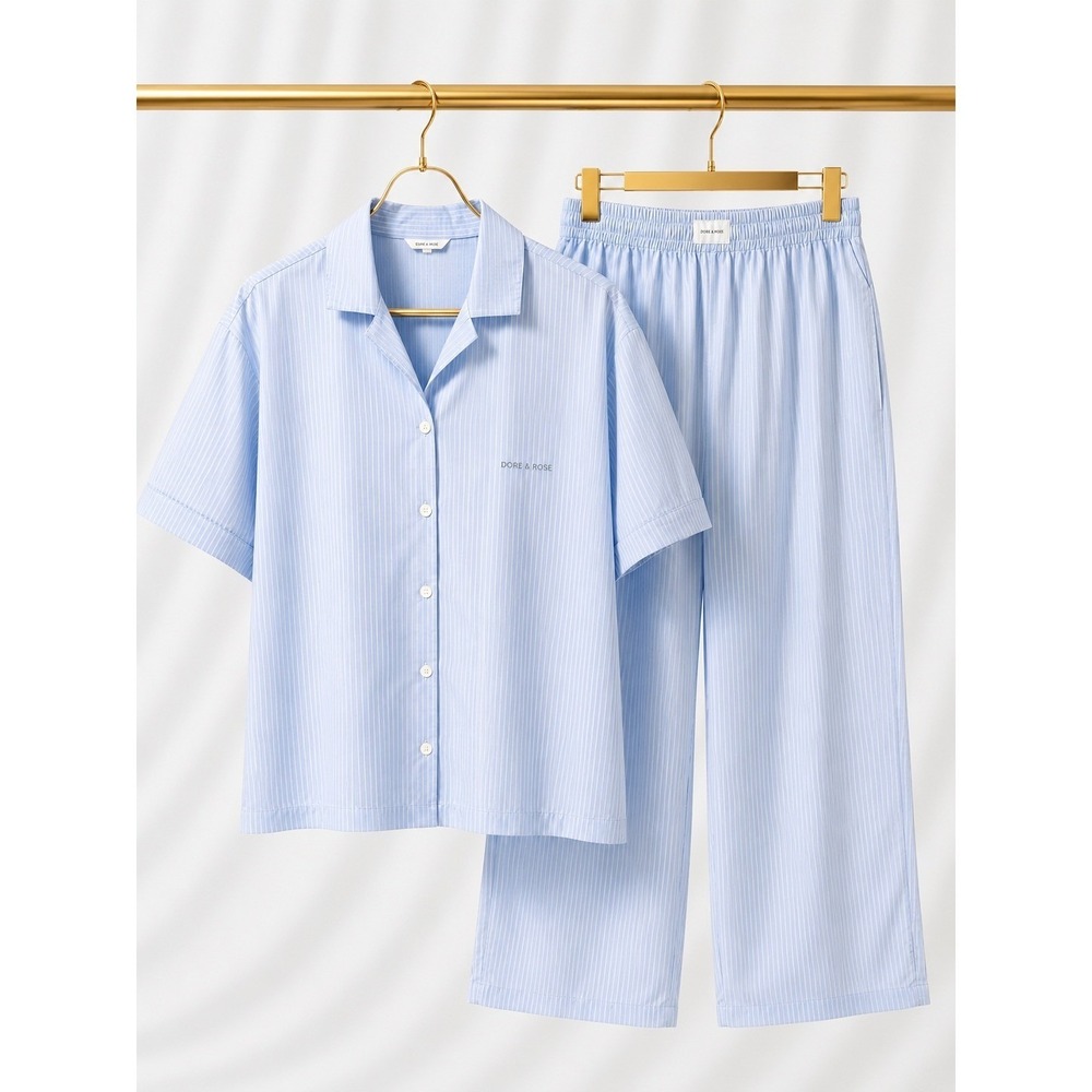 Dore & Rose European Luxe Silk Pajama Set Large Blue White Striped Pockets